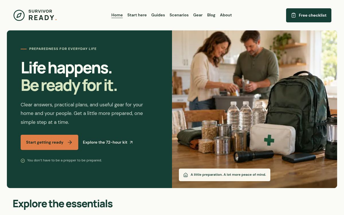 The Survivor Ready website, showing its homepage design, practical preparedness message and guide navigation